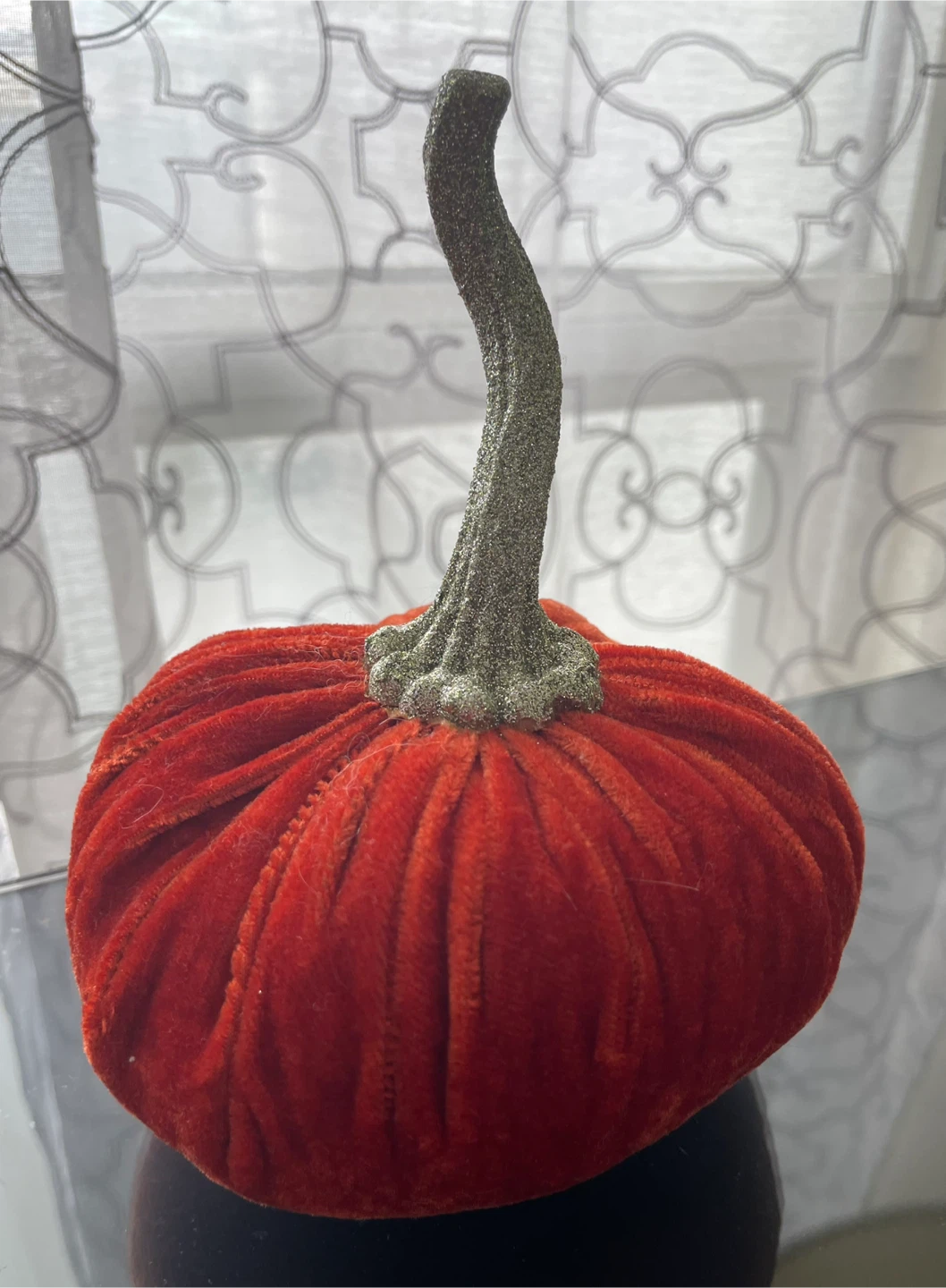 West Elm Orange Velvet Pumpkin With Grey Sparkle Stem