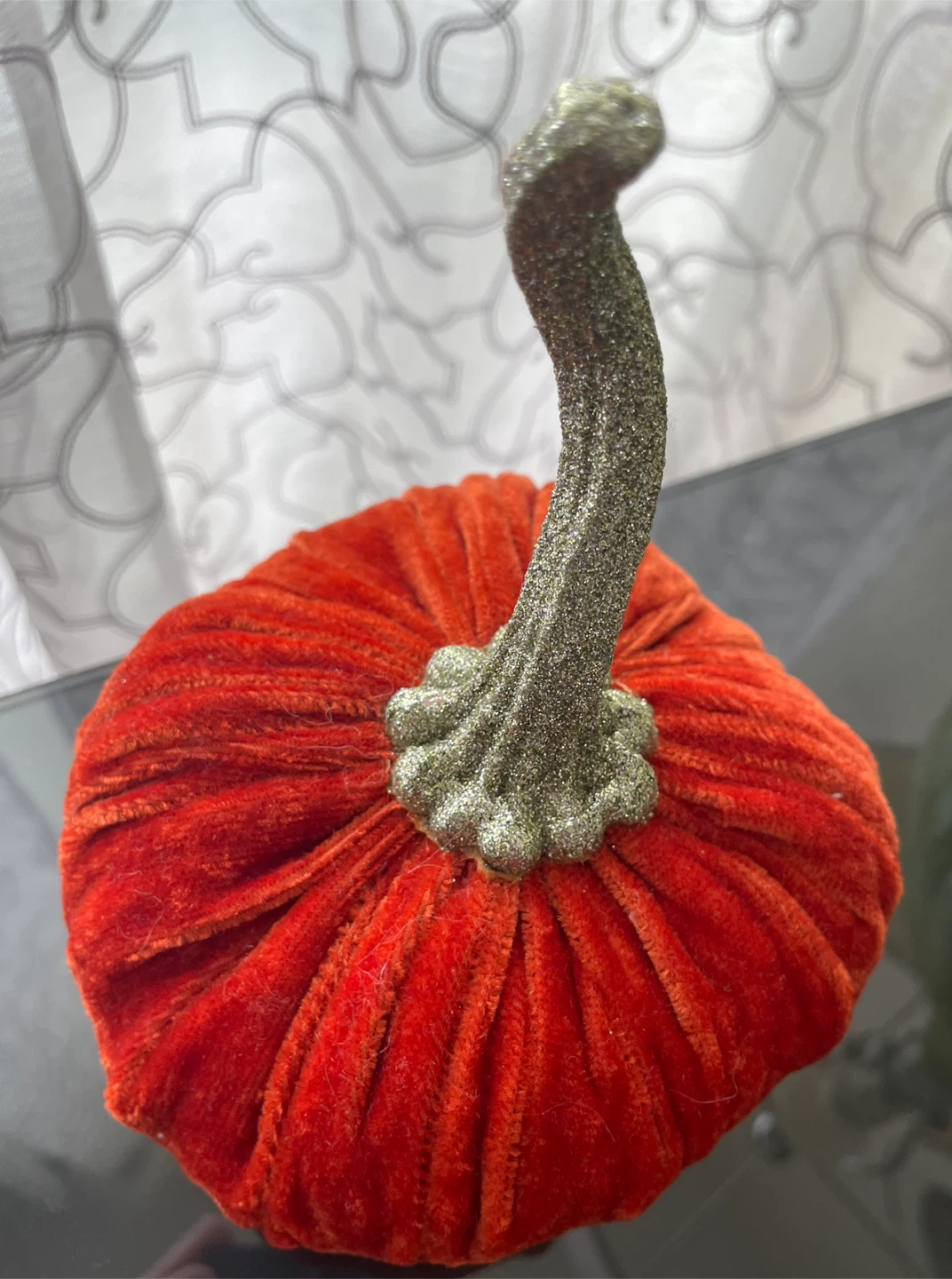 West Elm Orange Velvet Pumpkin With Grey Sparkle Stem - photo 2