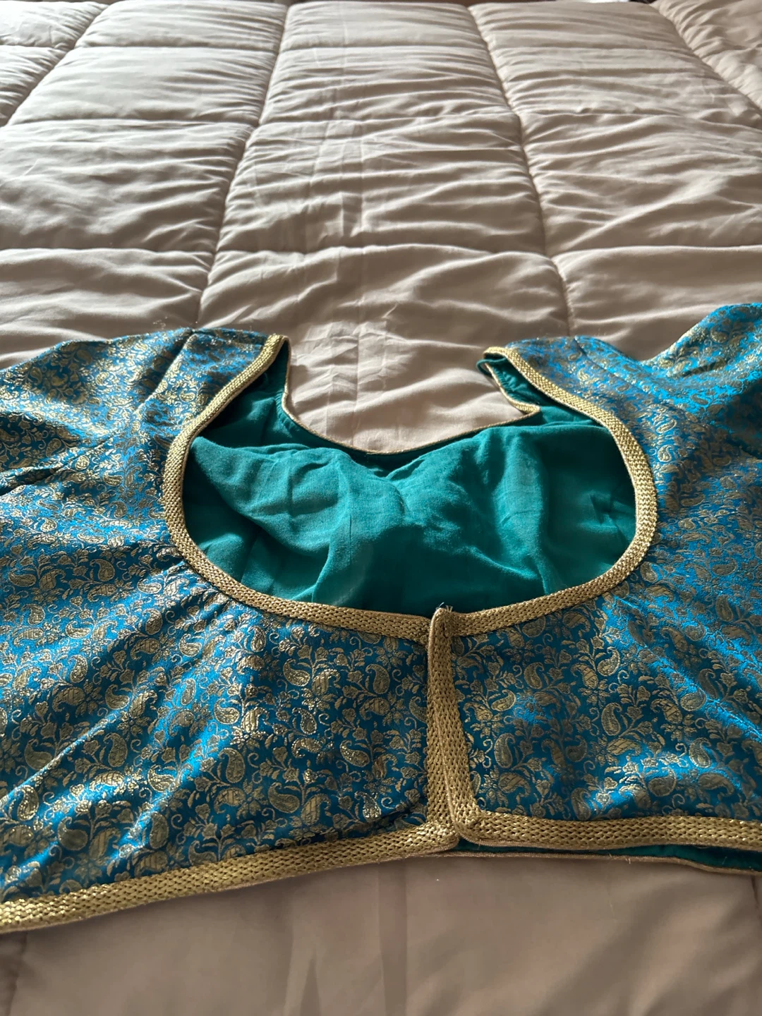🍁Teal and Gold Brocade Saree Blouse