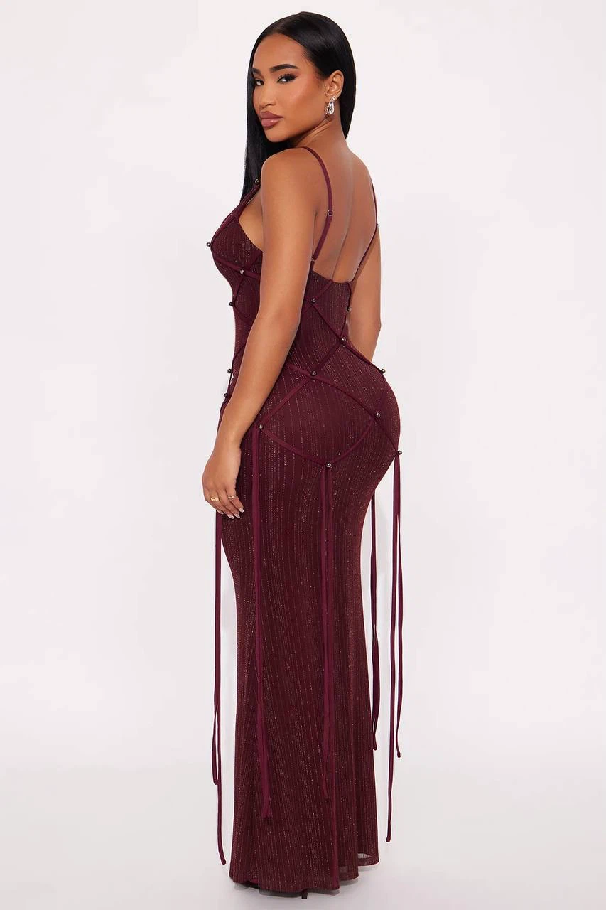 Burgundy Glitter Mesh Maxi Dress – Size 2XL - photo 3