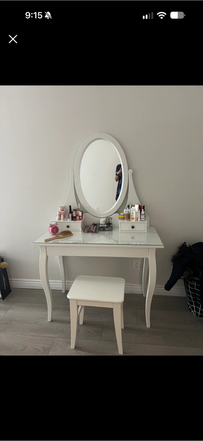 White Vanity Table with Mirror and Stool