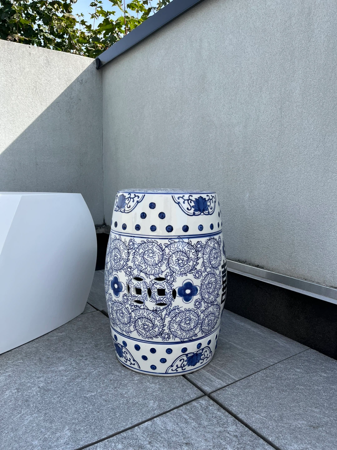 Two Blue and White Ceramic Garden Stools