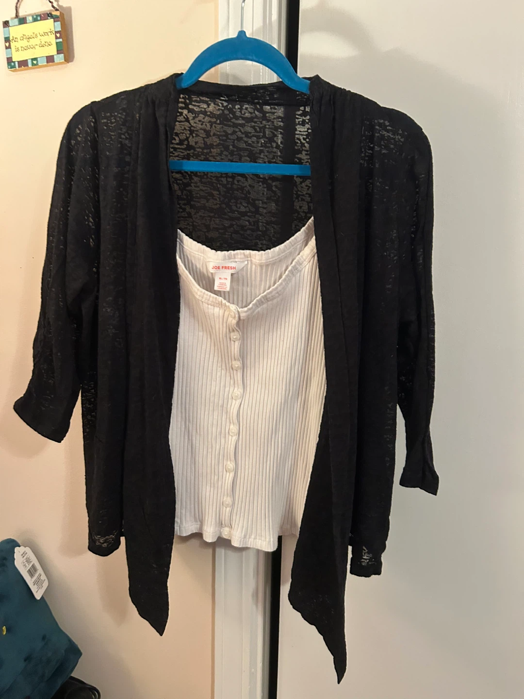 Black sheer cardigan and white tank top
