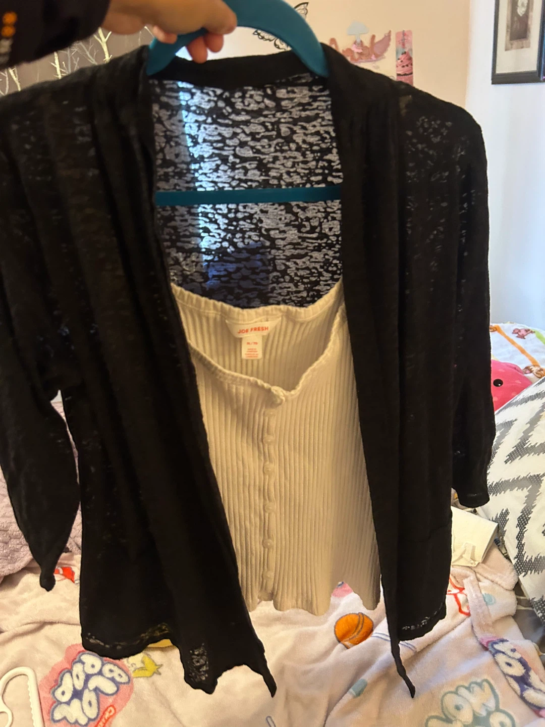 Black sheer cardigan and white tank top - photo 4