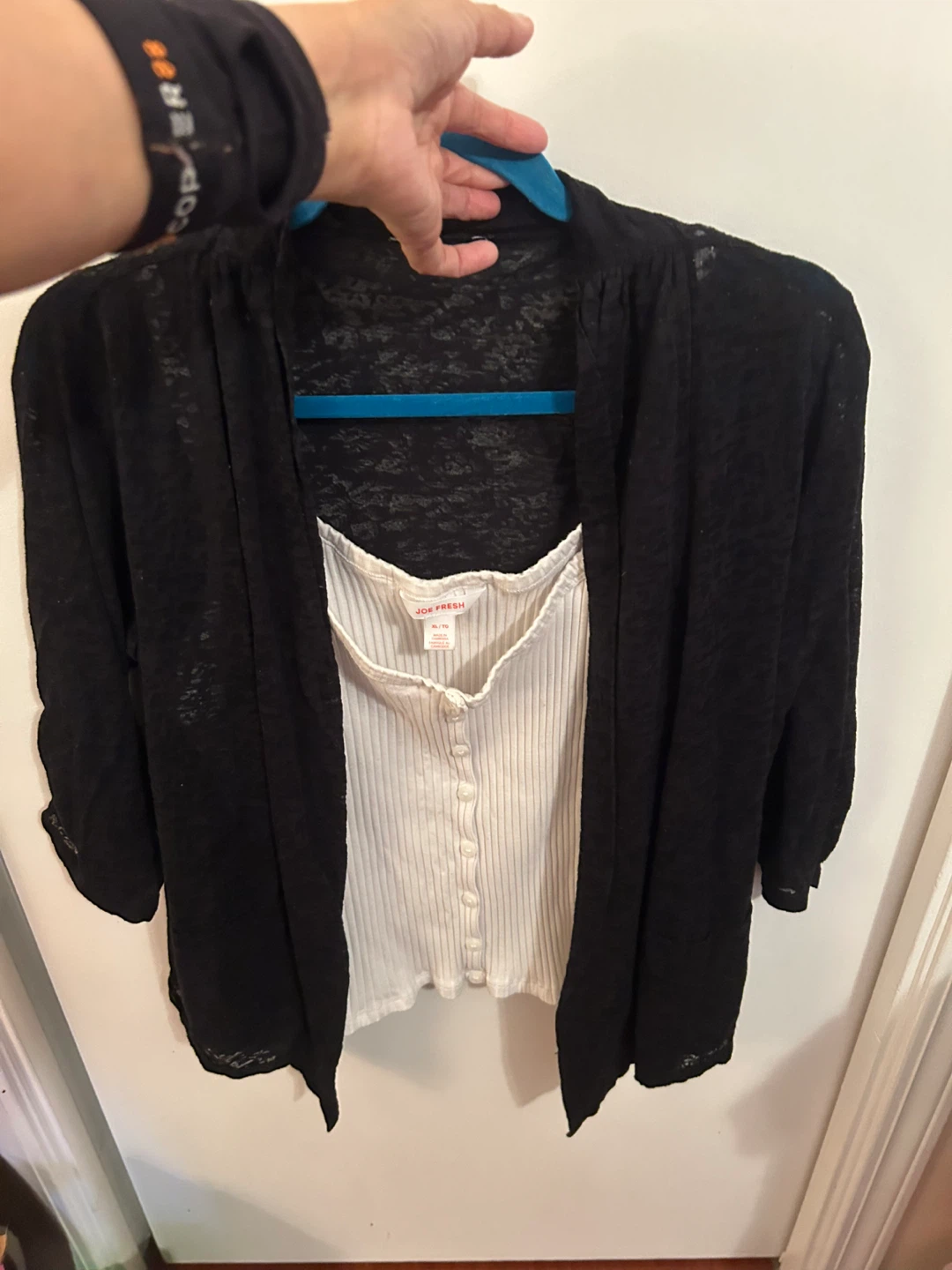 Black sheer cardigan and white tank top - photo 5