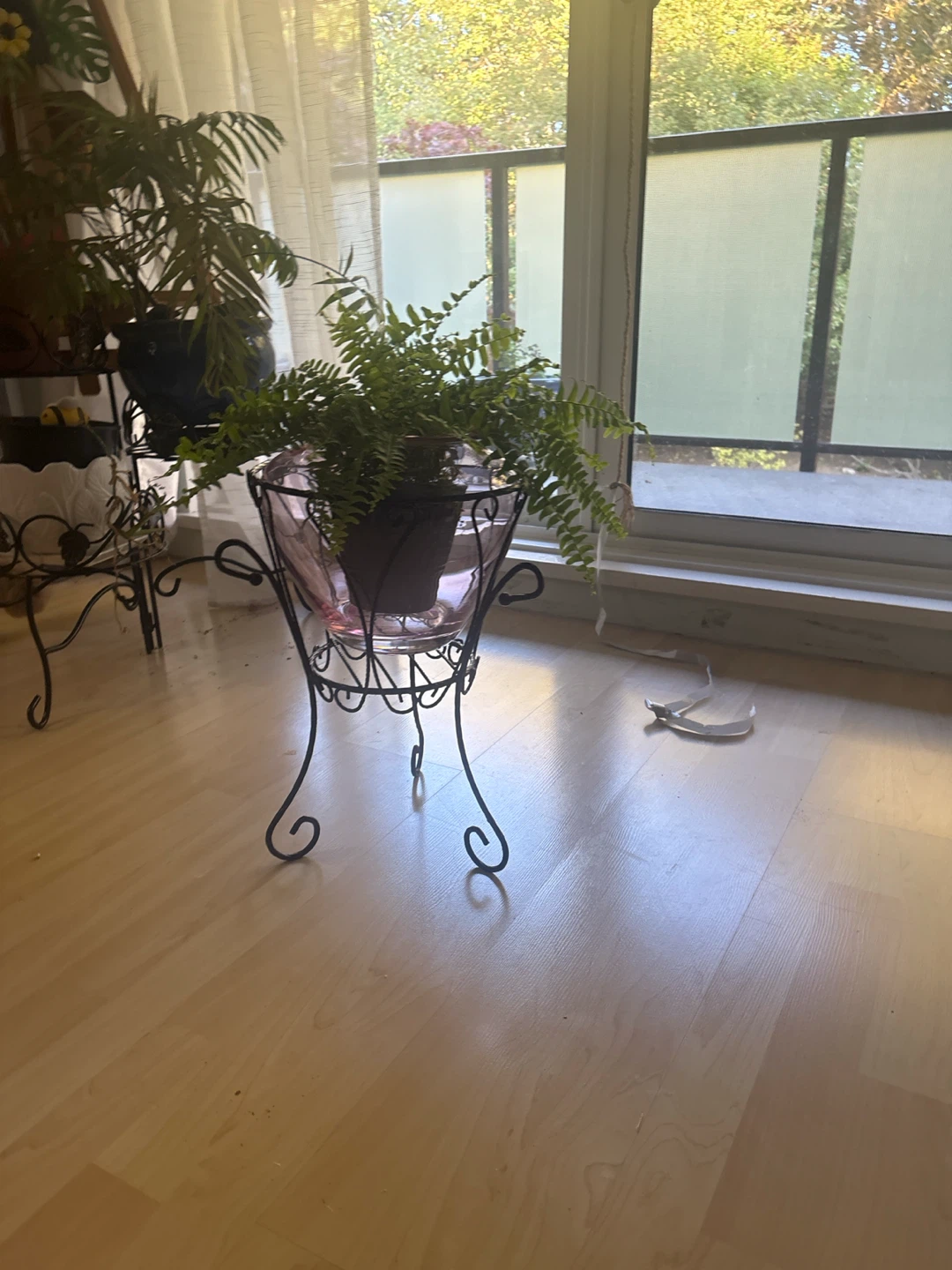 Vintage Metal Plant Stand with Pink Glass Bowl - photo 2