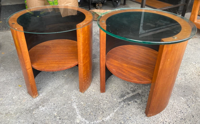 Set of two vintage round wooden side tables