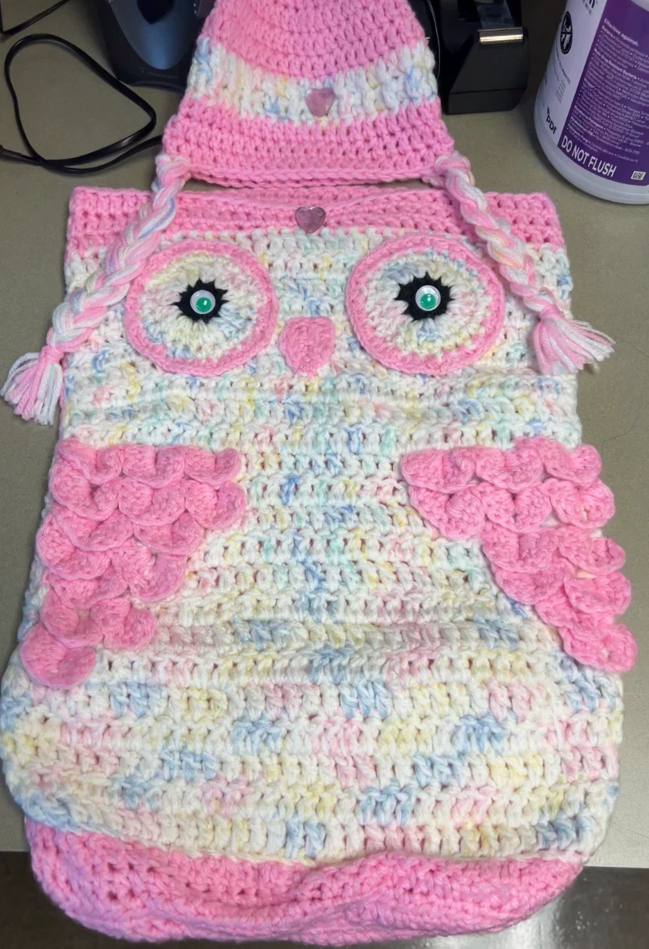 Handmade Crochet Owl Sack and Hat Set