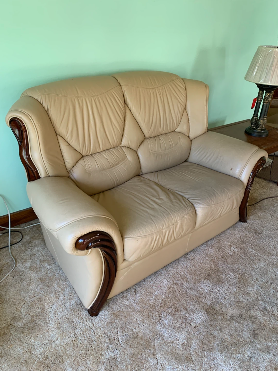Beige Two-Seater Leather Loveseat