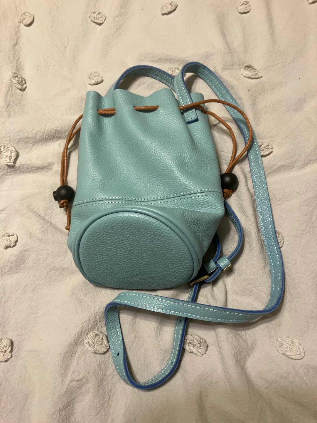 Light Blue Leather Drawstring Bucket Bag