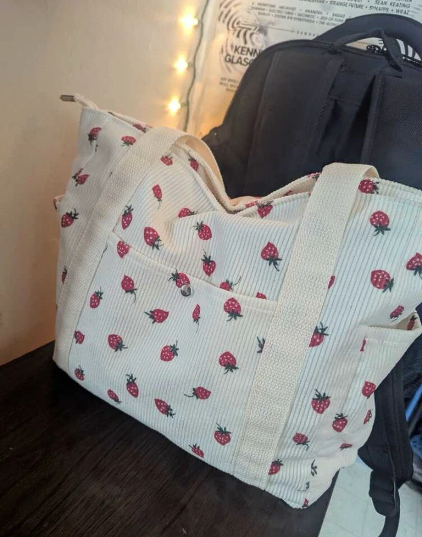 Strawberry Print Corduroy Tote Bag