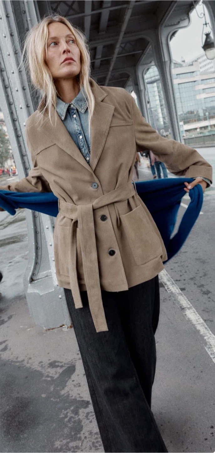 Zara Premium 100% Genuine Goat Leather Belted Jacket Stone L