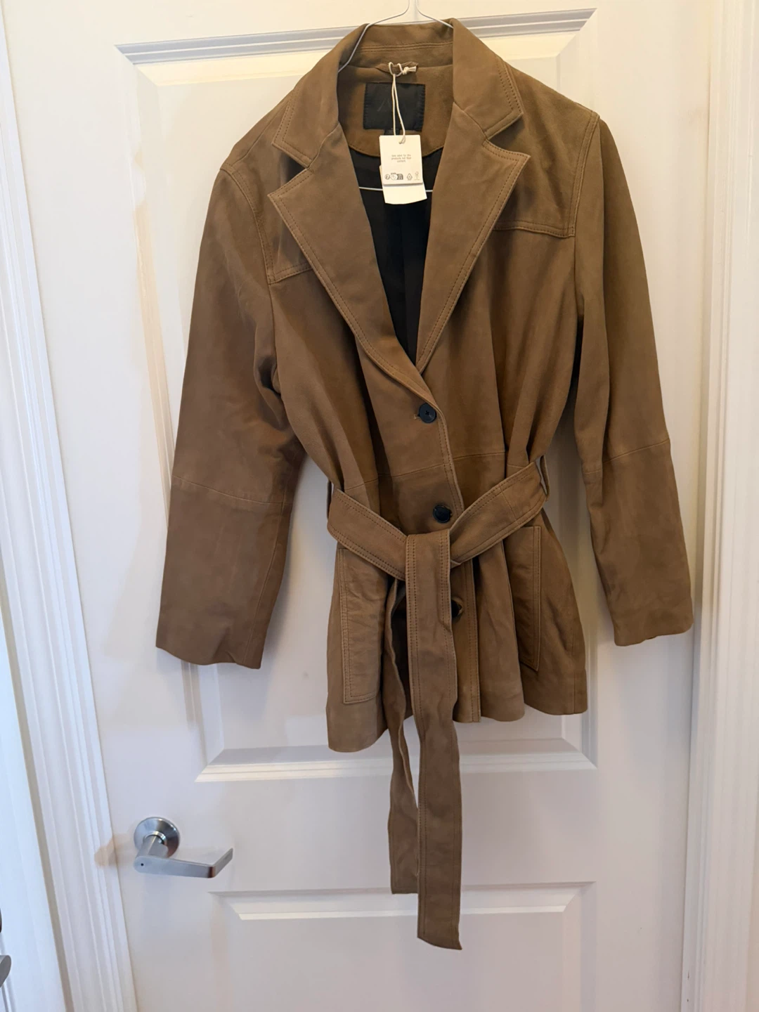 Zara Premium 100% Genuine Goat Leather Belted Jacket Stone L - photo 3