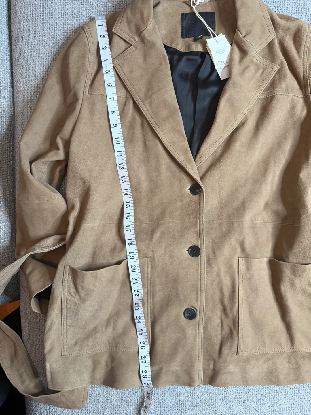 Zara Premium 100% Genuine Goat Leather Belted Jacket Stone L - photo 4