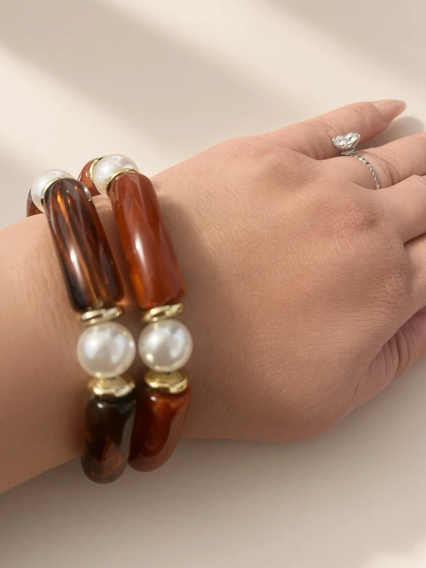 Amber-tone and Faux Pearl Stretch Bracelet