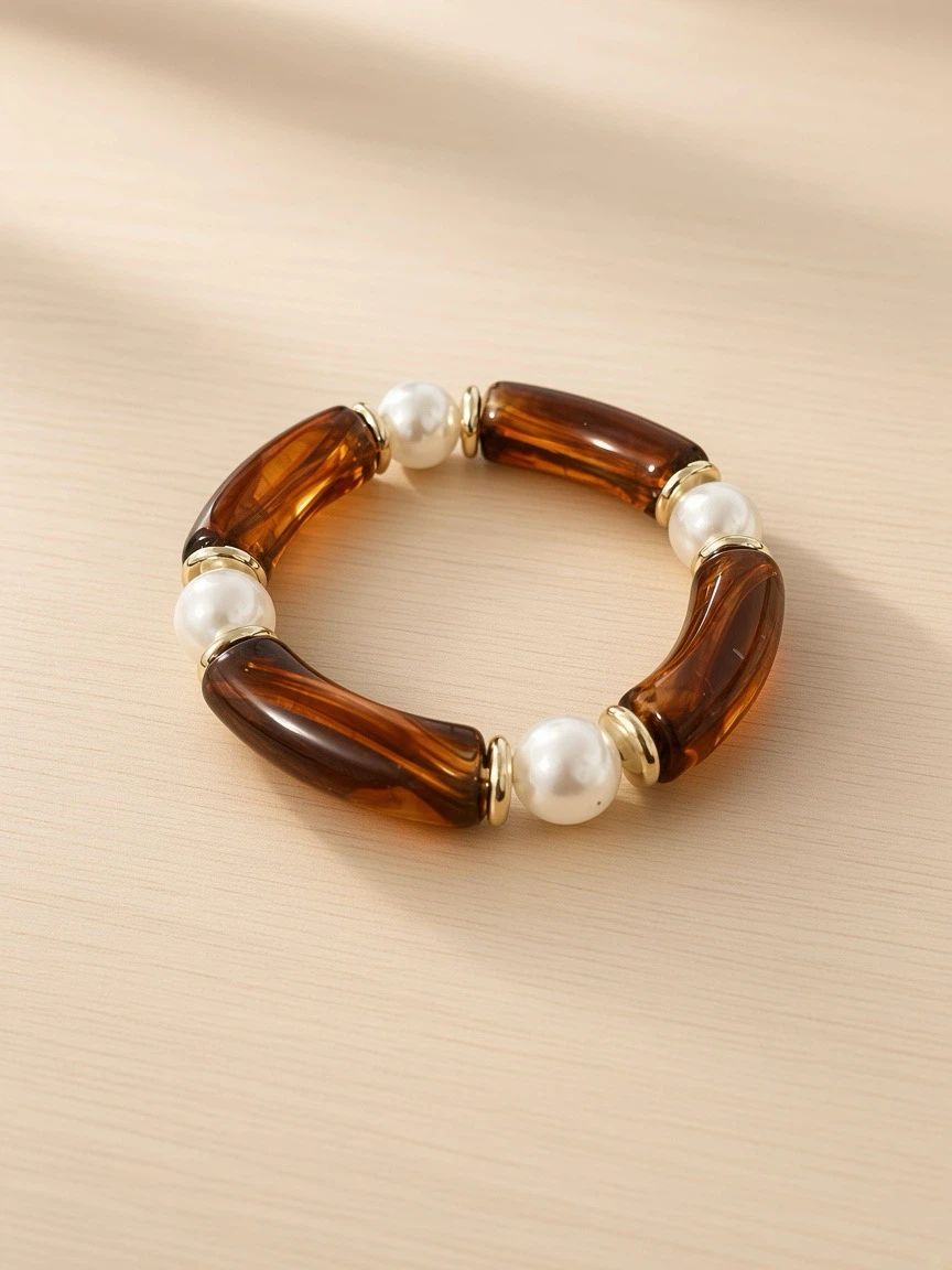 Amber-tone and Faux Pearl Stretch Bracelet - photo 2