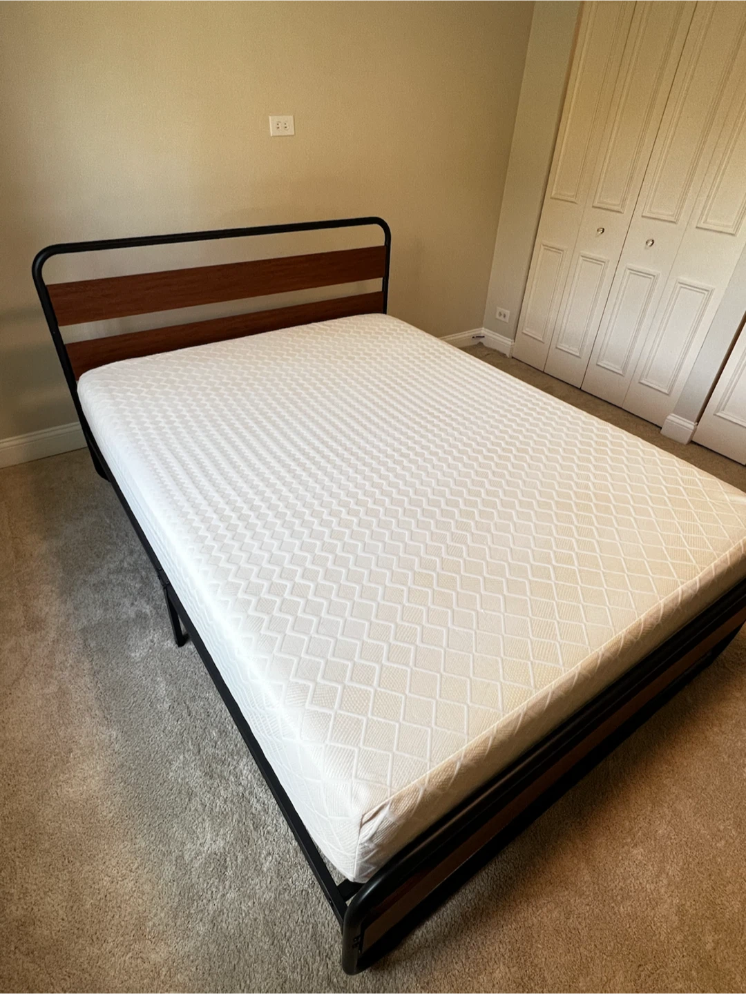Metal and Wood Bed Frame with barely used queen size mattress