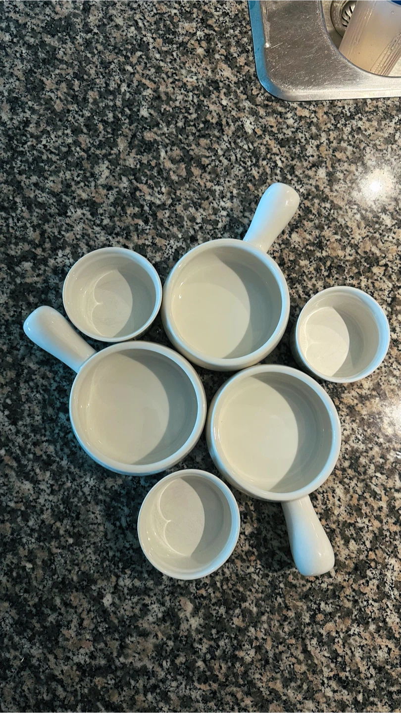 Set of White Ceramic Ramekins and Handled Bowls