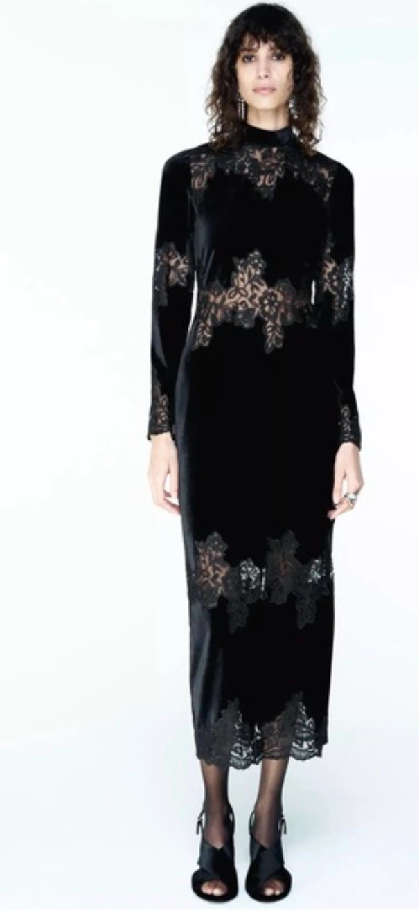 Zara Black Velvet Floral Lace Midi Dress M BNWOT