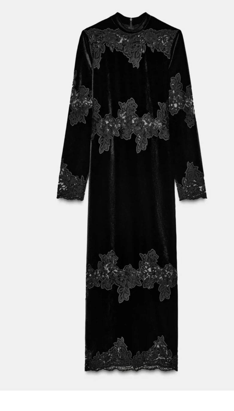 Zara Black Velvet Floral Lace Midi Dress M BNWOT - photo 2
