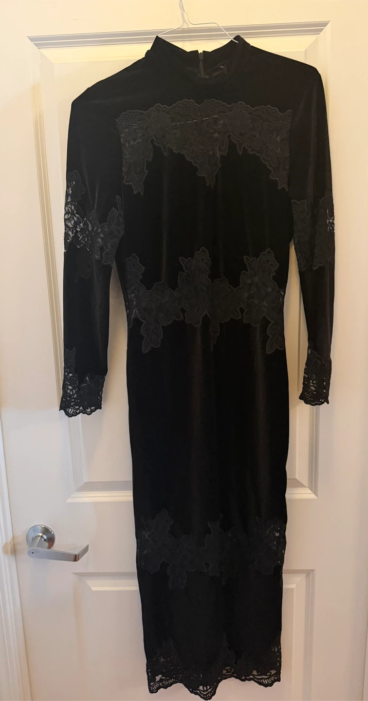Zara Black Velvet Floral Lace Midi Dress M BNWOT - photo 5
