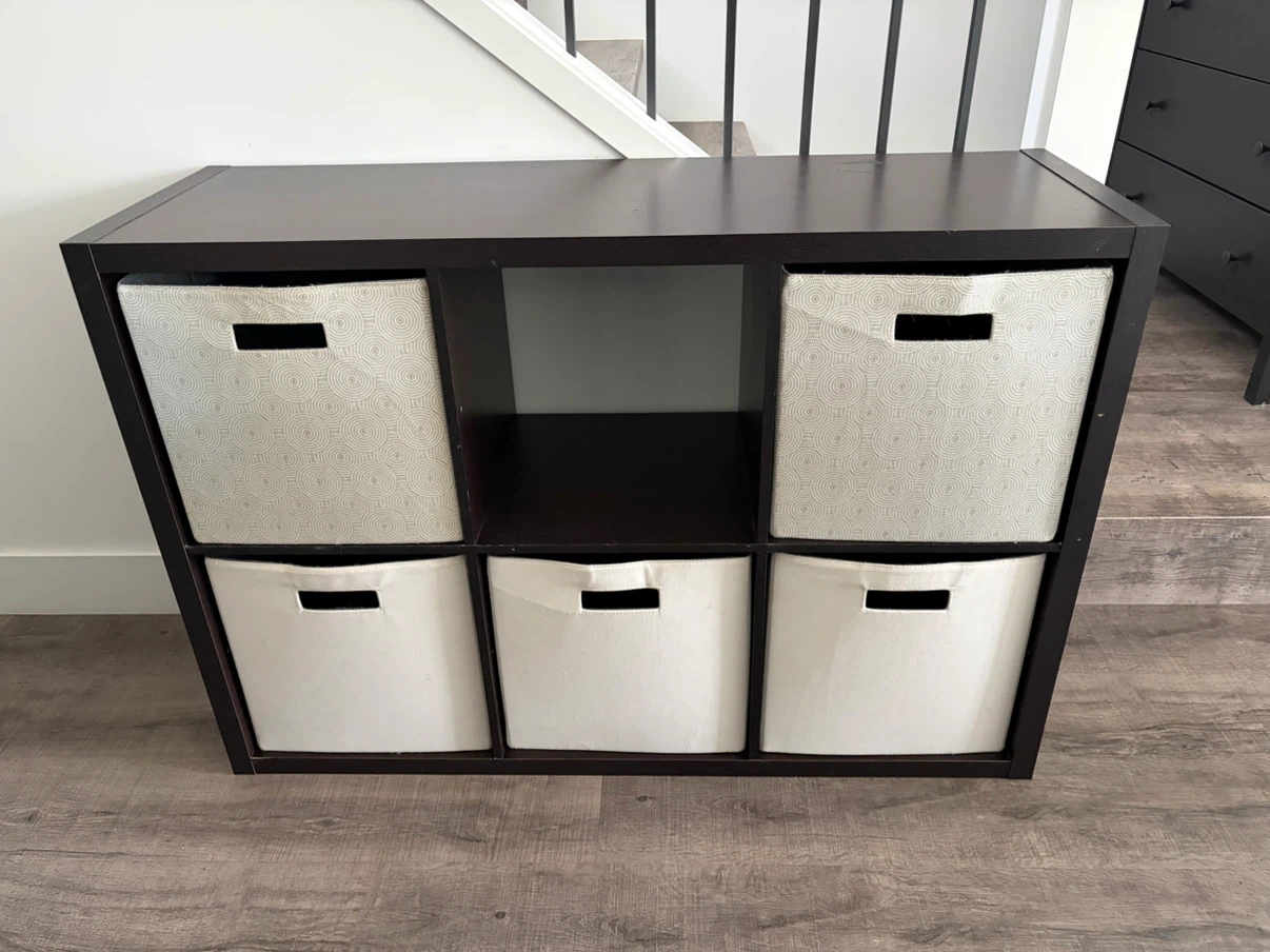 storage shelf with bins