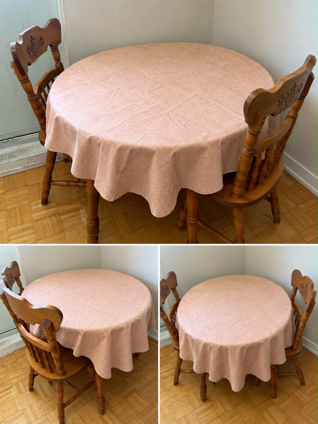 Round wooden dining table with two chairs