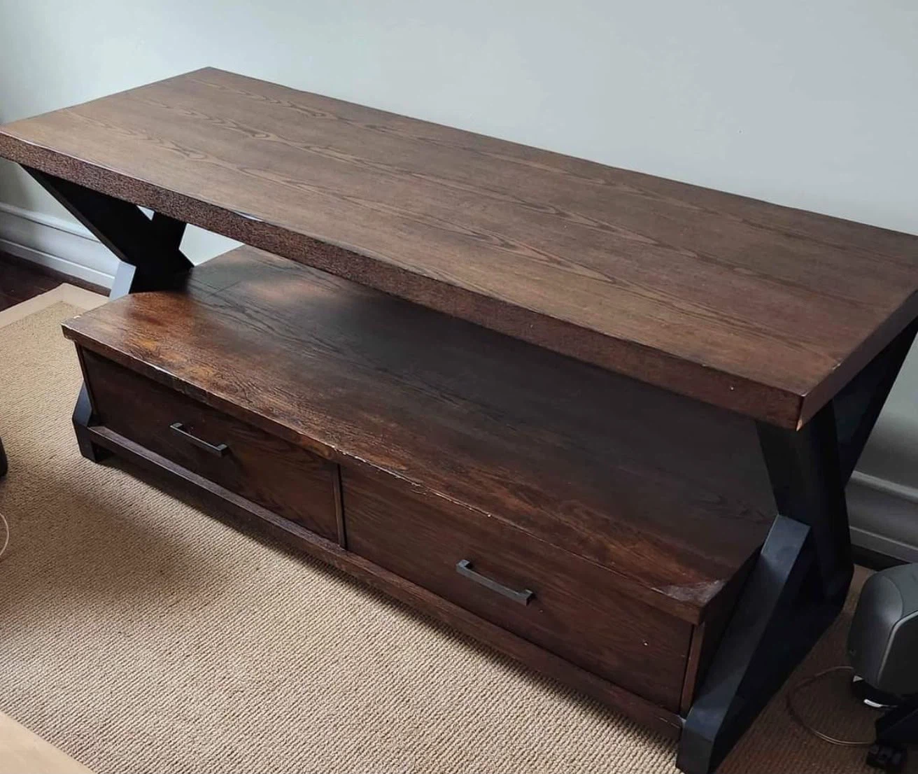 Dark wood media console with two drawers