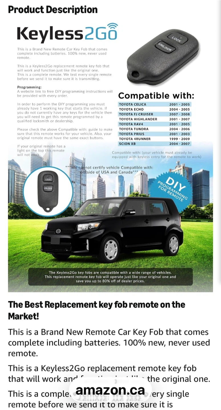 Keyless2Go Toyota Replacement Remote Key Fob