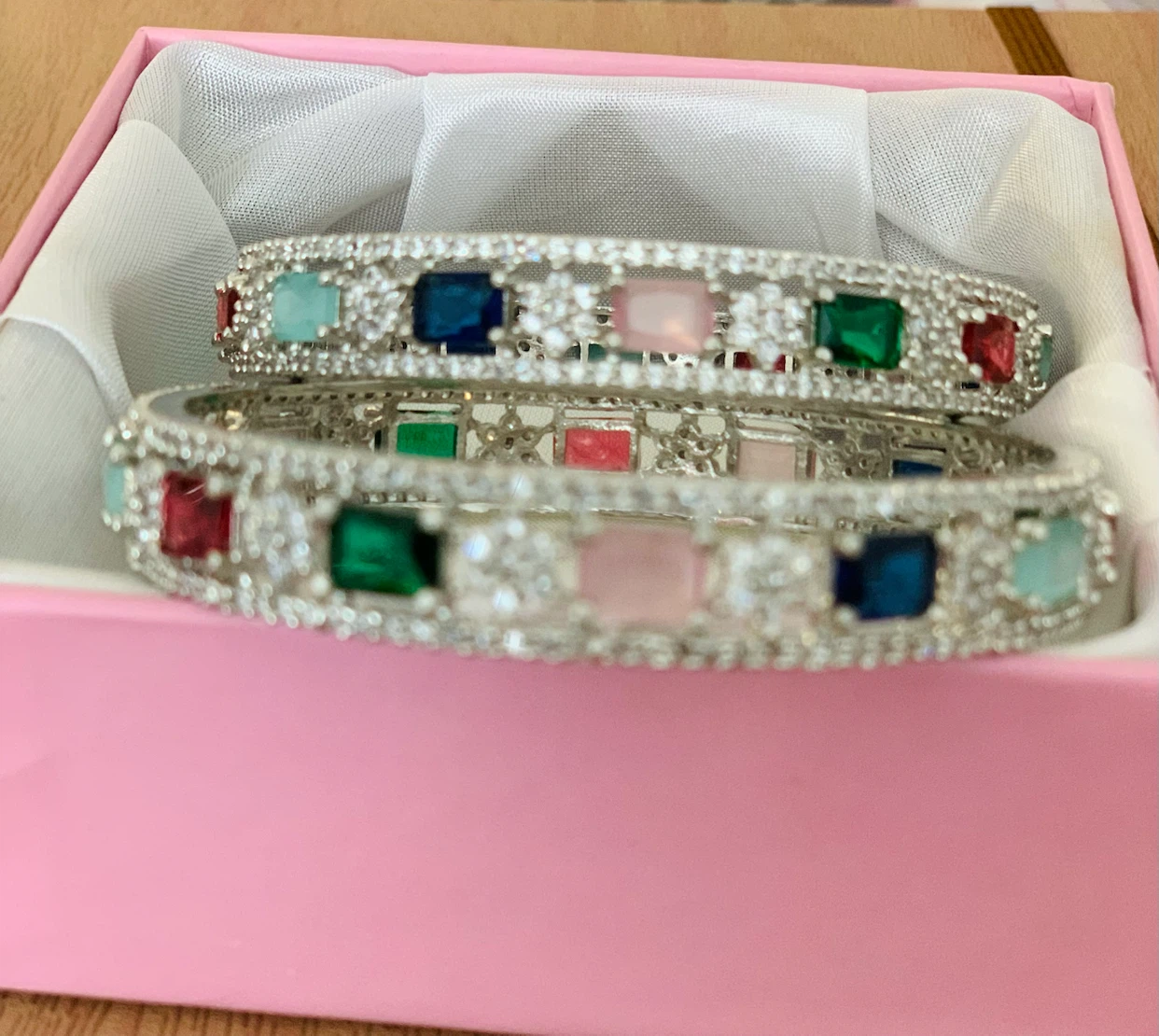 Elegant Silver-Tone Multicolour Stone Bangles – Set of 2 - photo 3