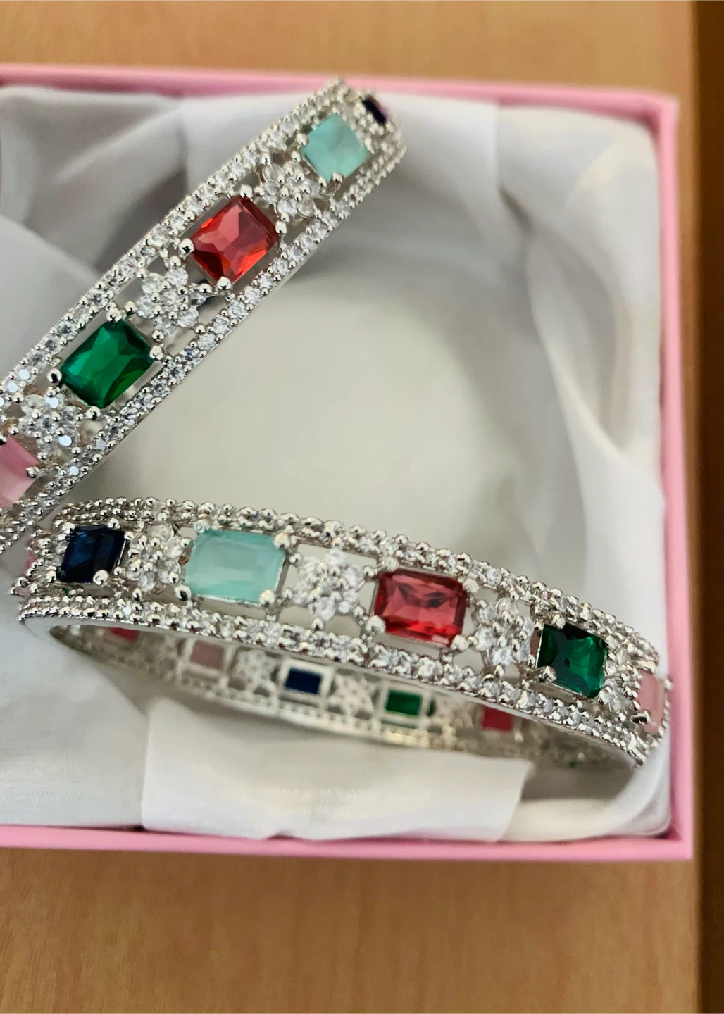Elegant Silver-Tone Multicolour Stone Bangles – Set of 2