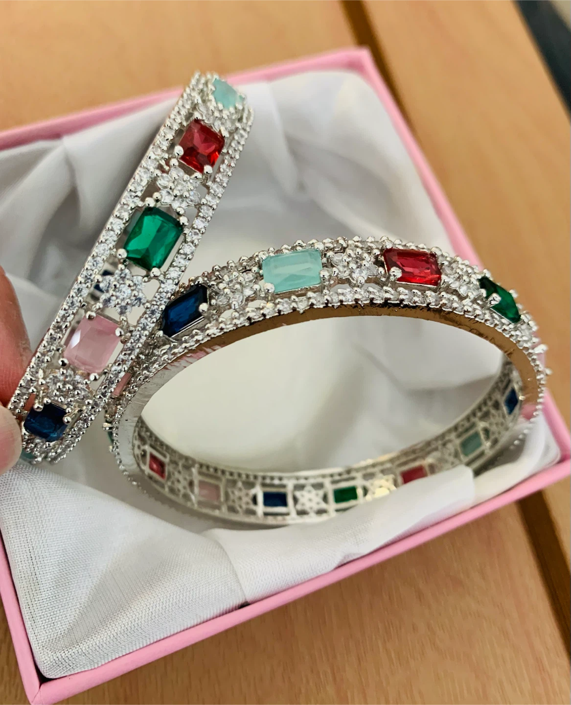 Elegant Silver-Tone Multicolour Stone Bangles – Set of 2 - photo 5