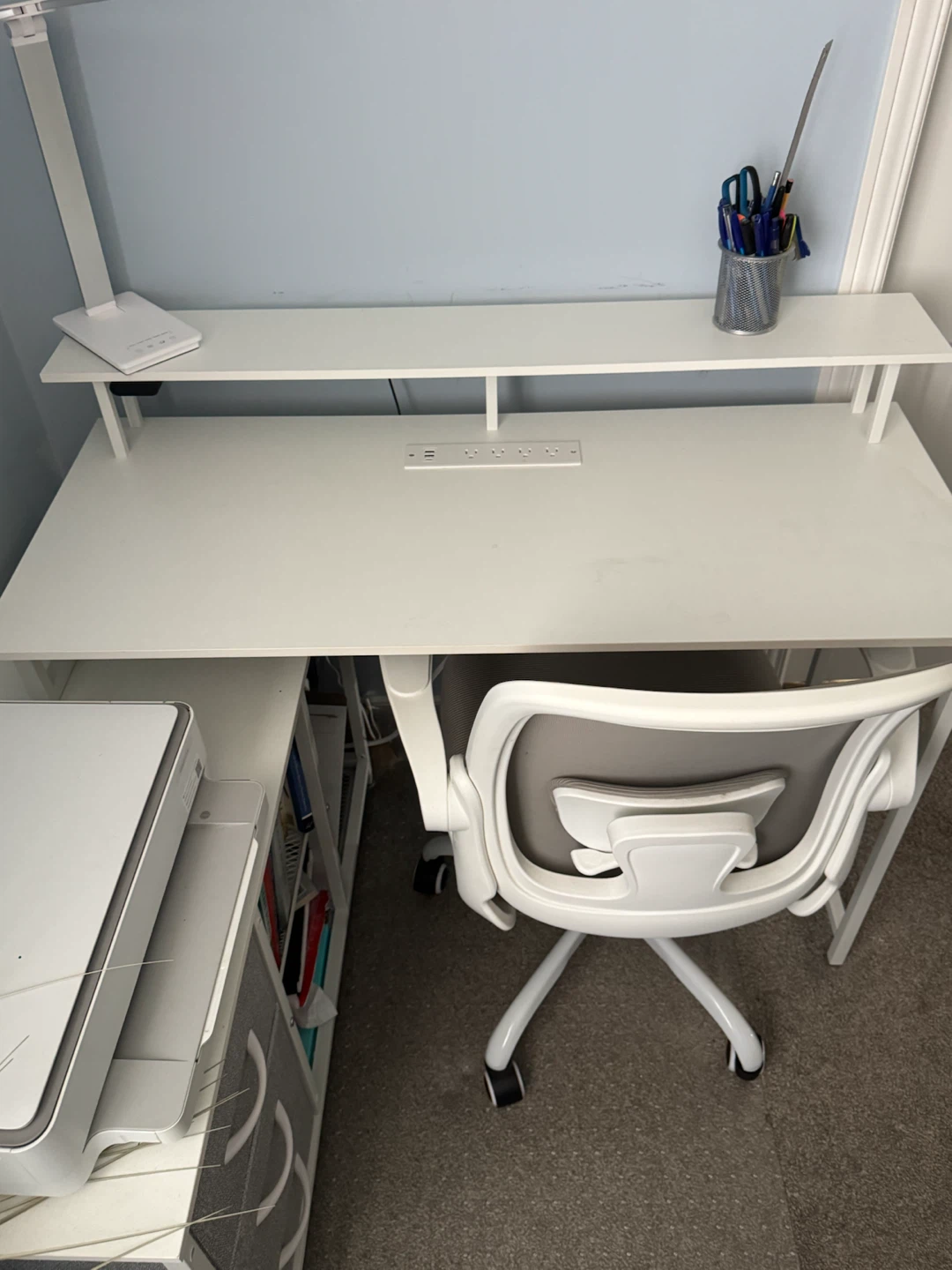 White Computer Desk with Power Outlet and Drawers