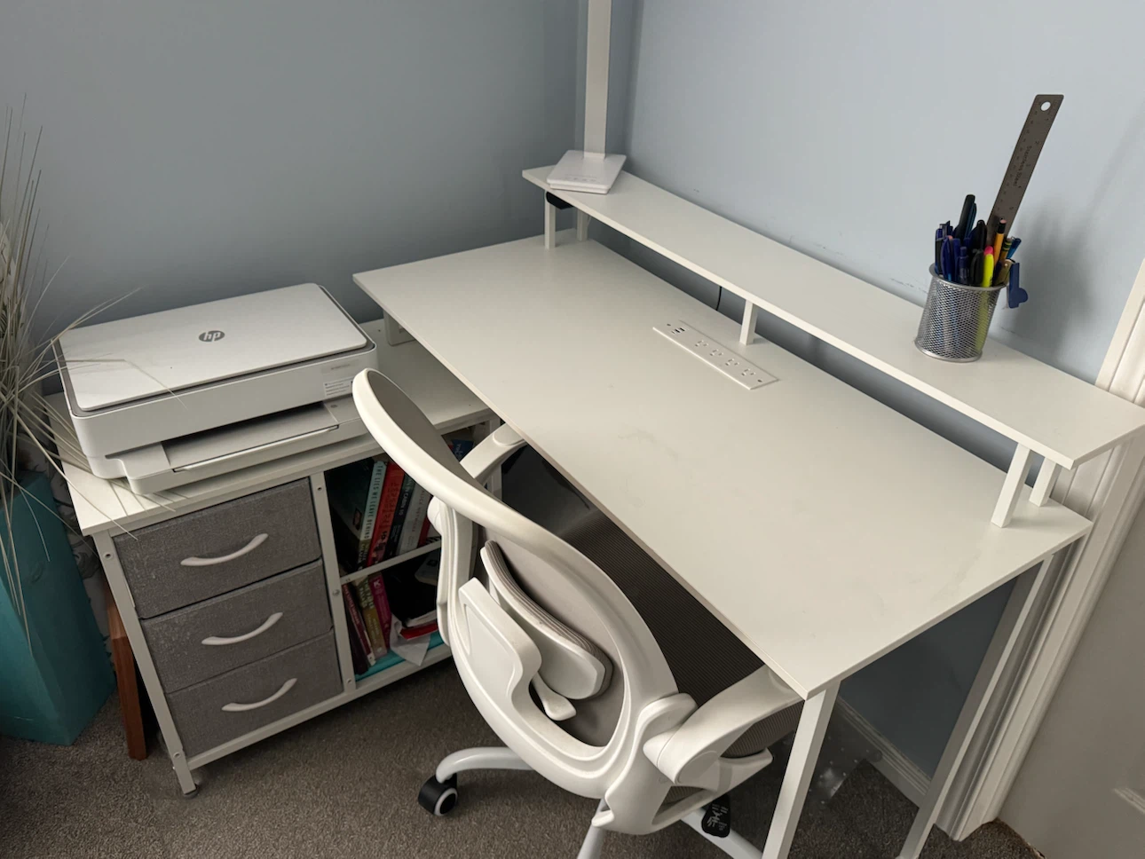 White Computer Desk with Power Outlet and Drawers - photo 2