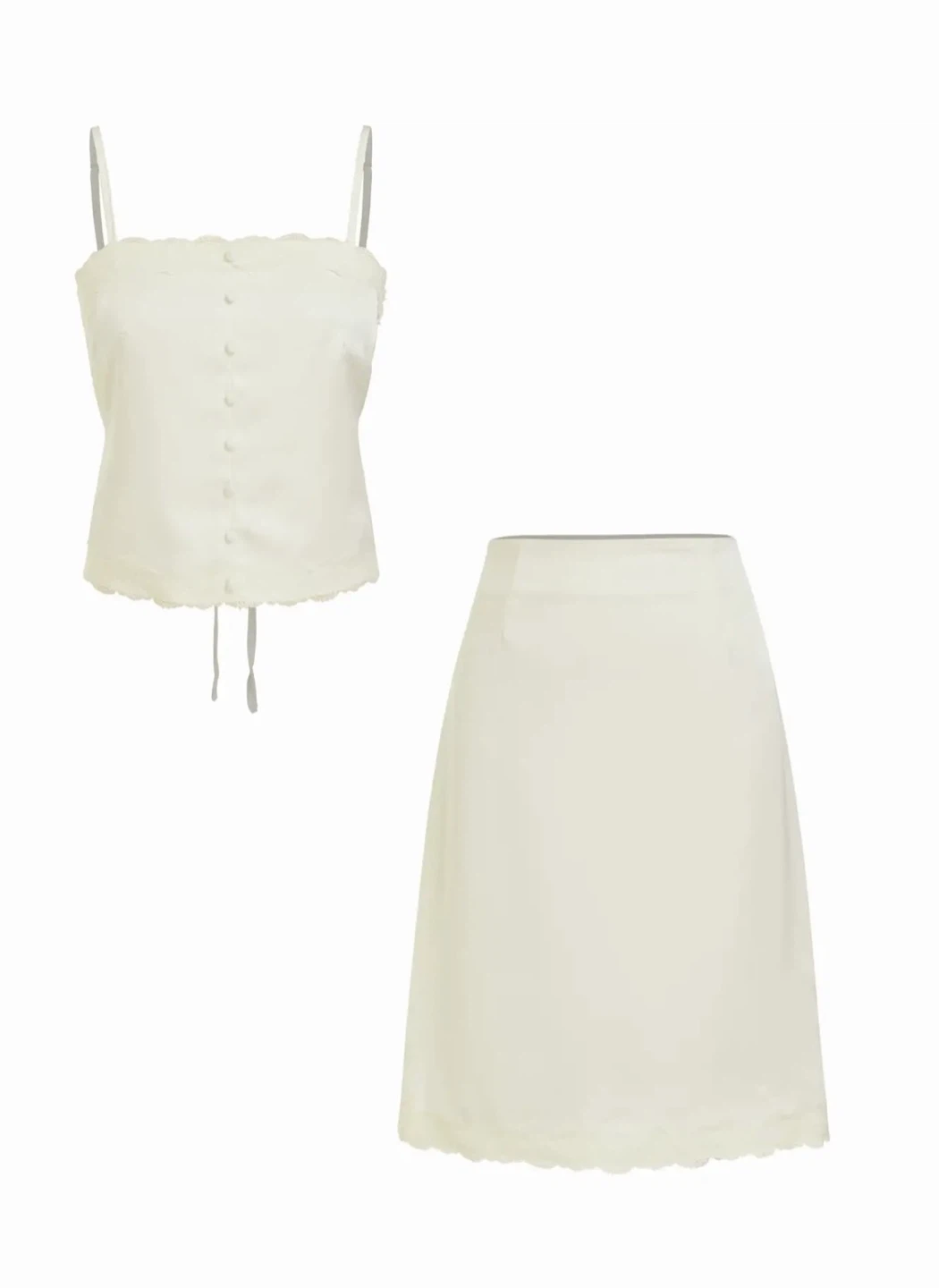 CIDER SATIN LACE TRIM BUTTON CAMI TOP & MID RISE MIDI SKIRT SET
