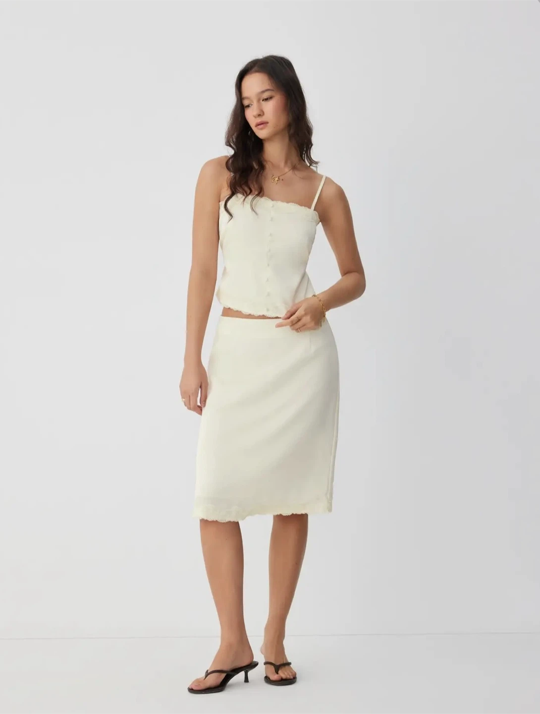 CIDER SATIN LACE TRIM BUTTON CAMI TOP & MID RISE MIDI SKIRT SET - photo 2