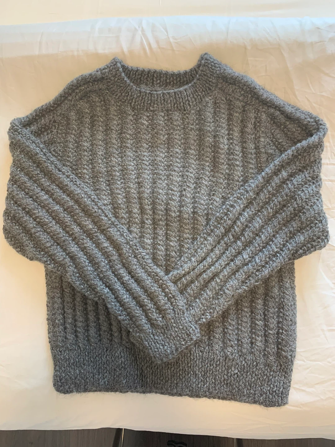 Grey Ribbed Hand-Knitted Wool Sweater