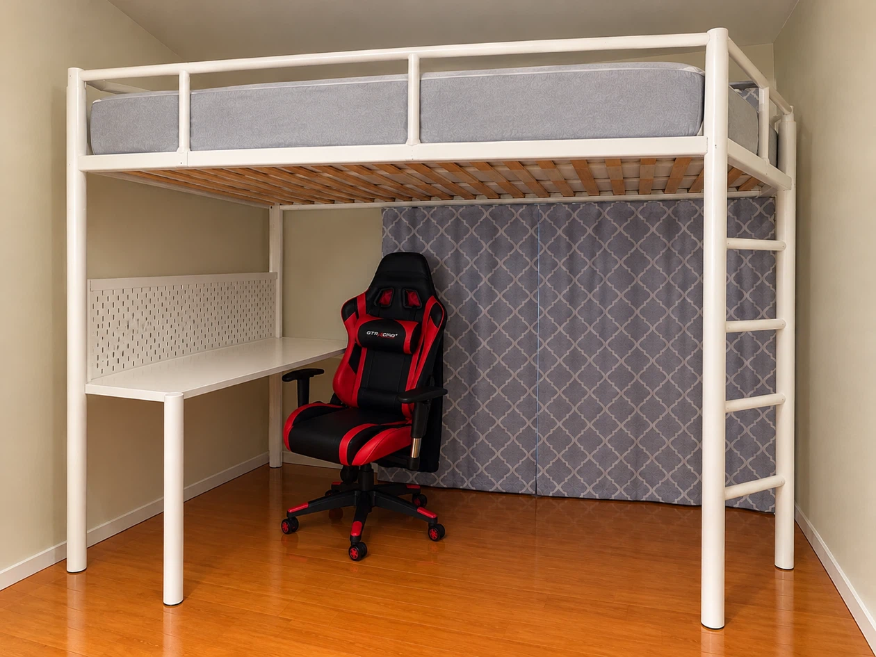 White Metal Loft Bed with Desk and Storage - photo 2