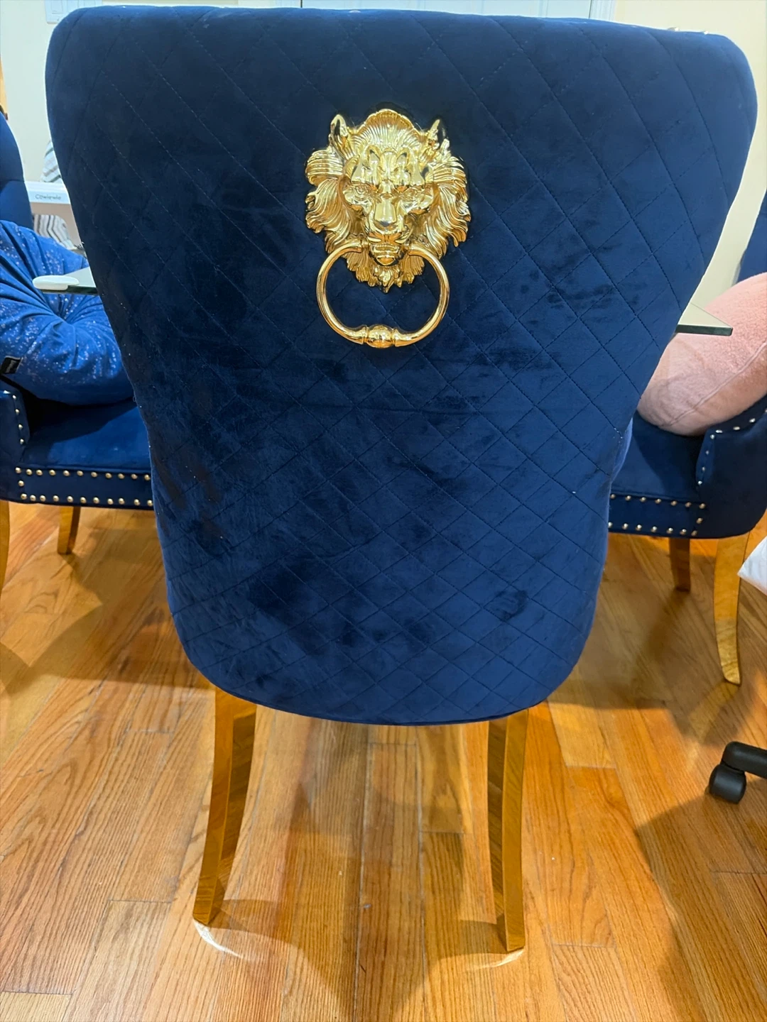 Set of 4 Navy Blue Velvet Lion-Knocker Dining Chairs