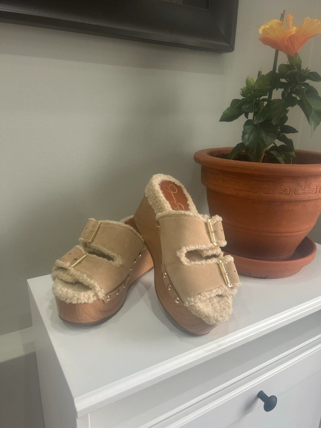 Jessica Simpson faux-fur platform slides