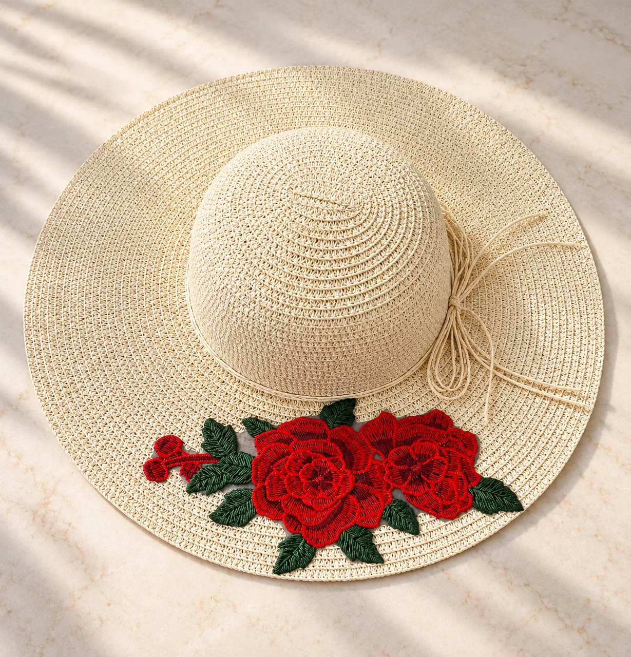 Large Hat with Red Rose Embroidery