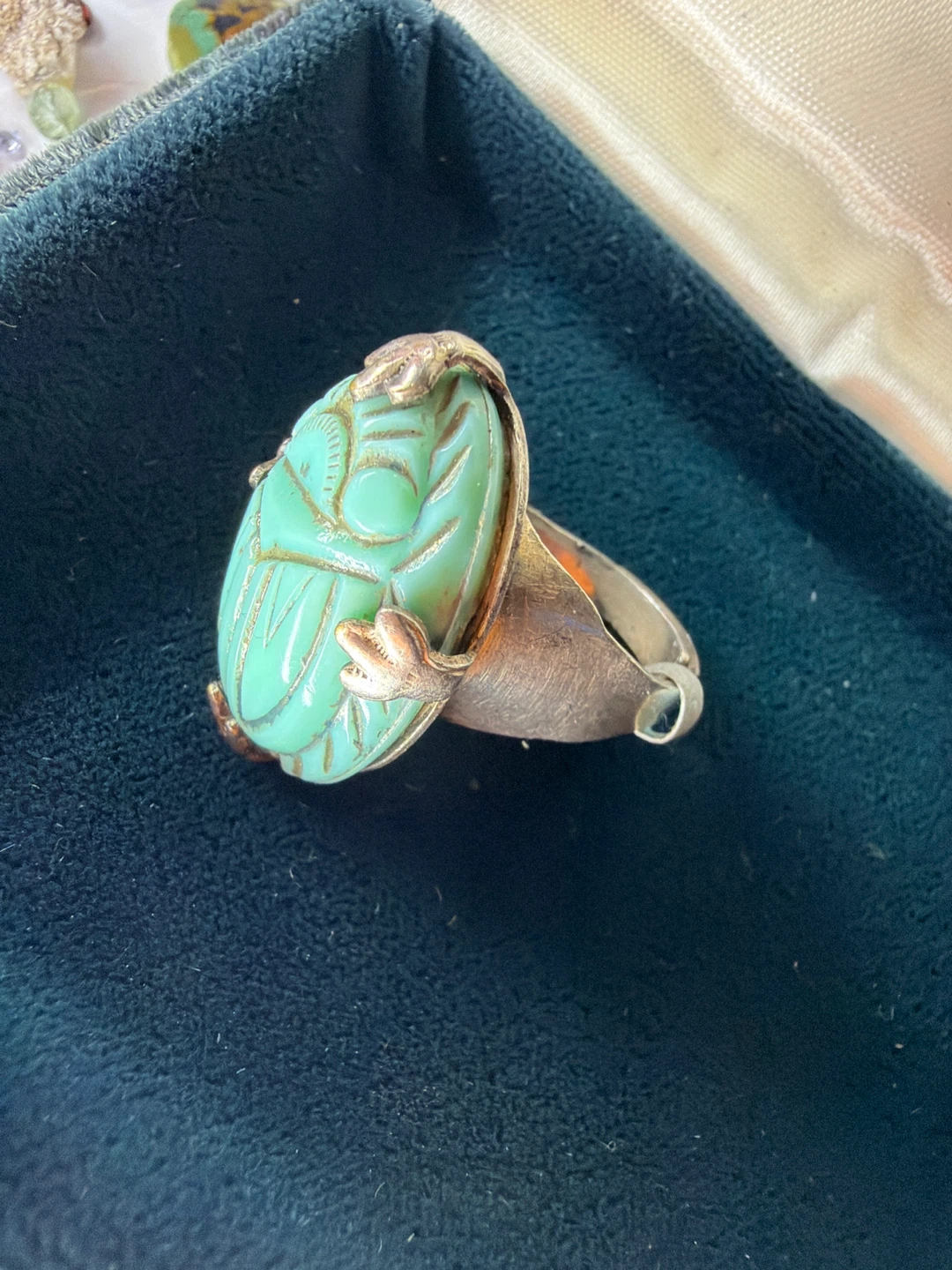 Vintage Sterling Silver Green Scarab Beetle Ring