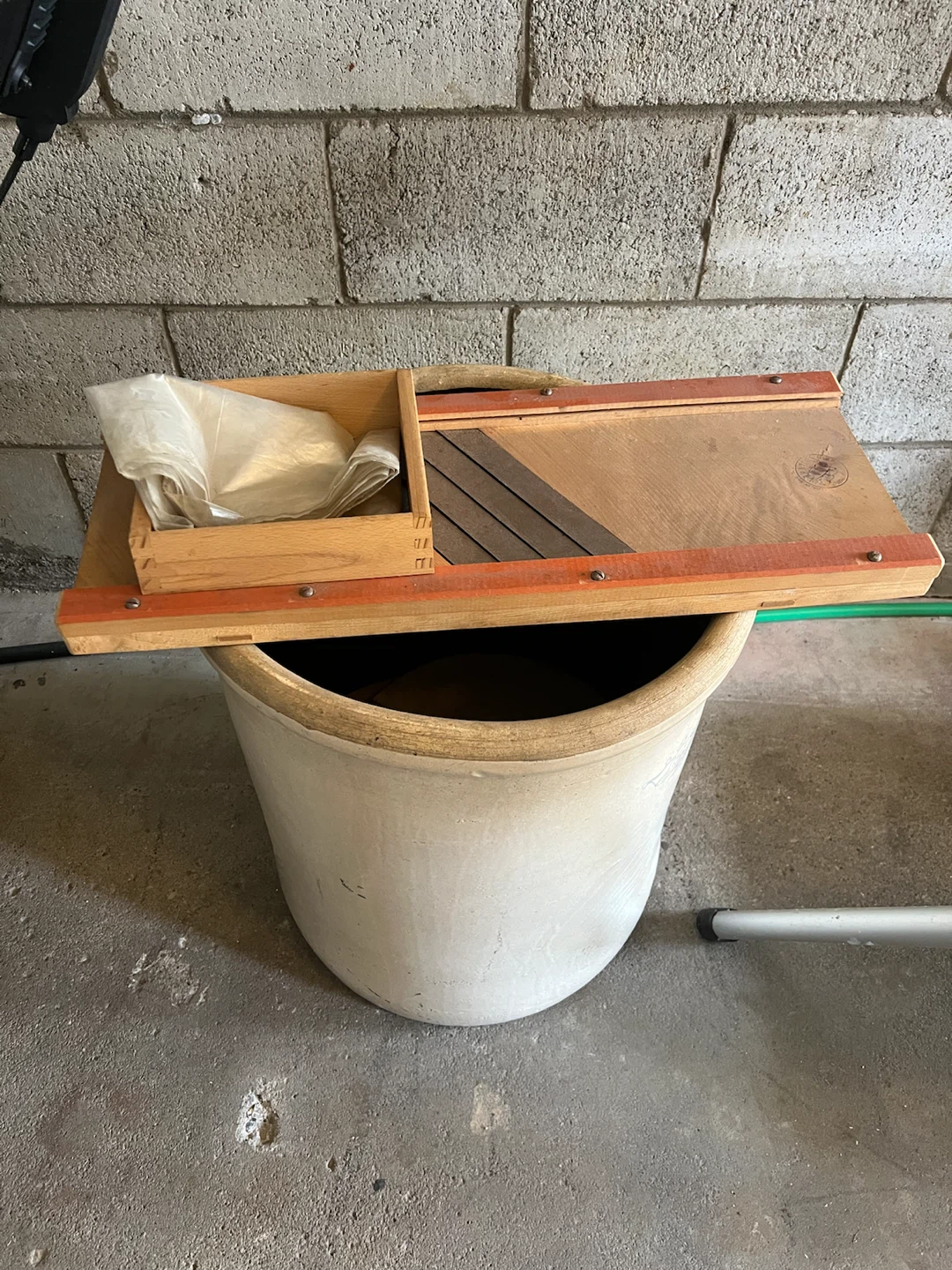 Vintage Crock and Wooden Slicer