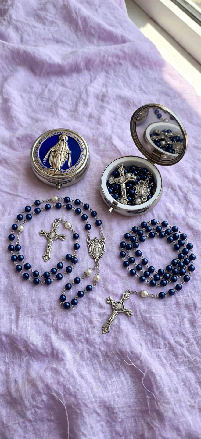 Blue Bead Rosary with Miraculous Medal Case gift set