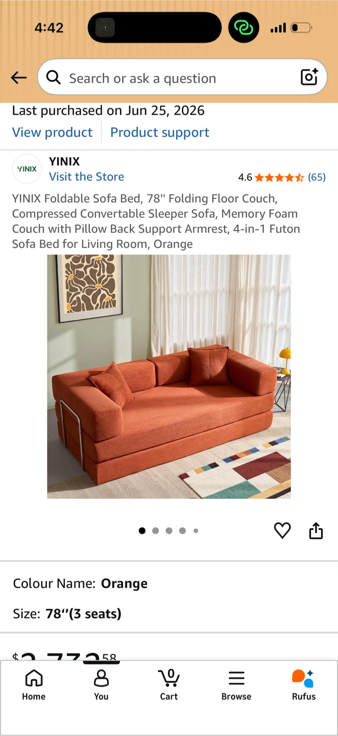 YINIX 78-inch Orange Foldable Memory Foam Sofa Bed