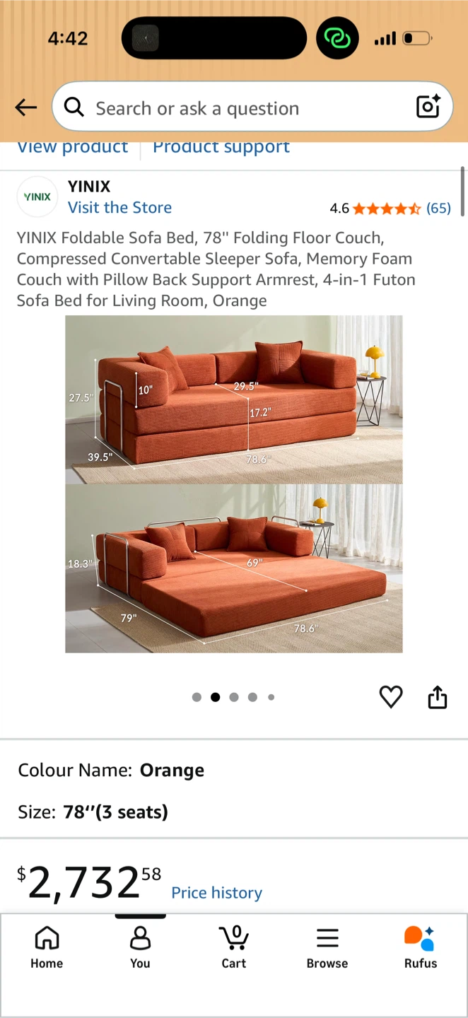YINIX 78-inch Orange Foldable Memory Foam Sofa Bed - photo 2