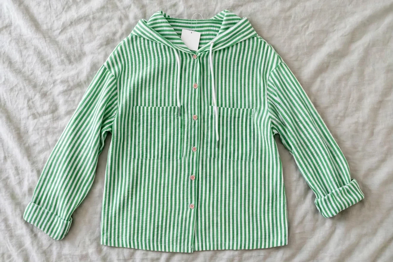 Brand new Green and white striped hooded button-up shirt