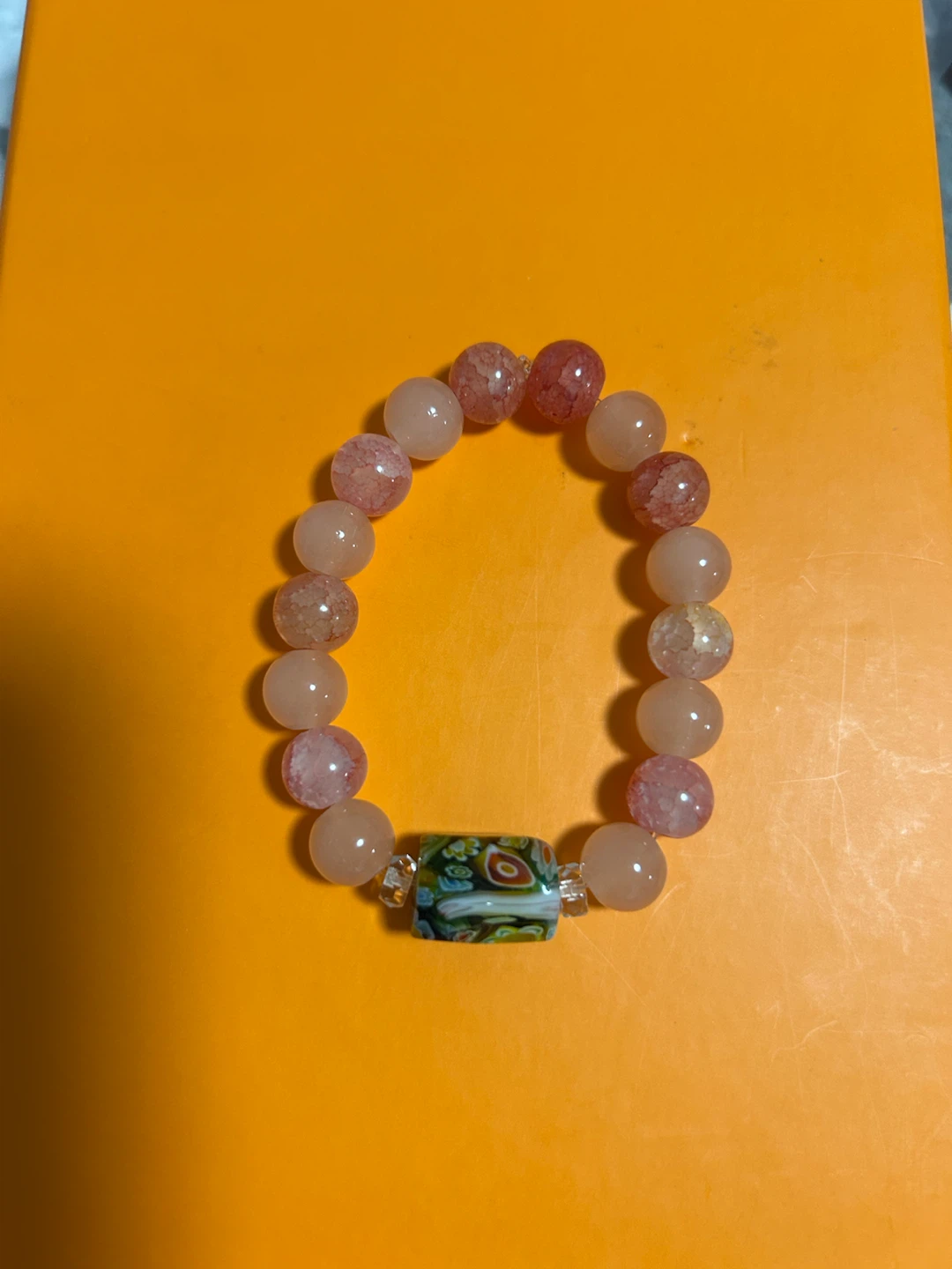 Pink Beaded Bracelet with Patterned Centre Bead