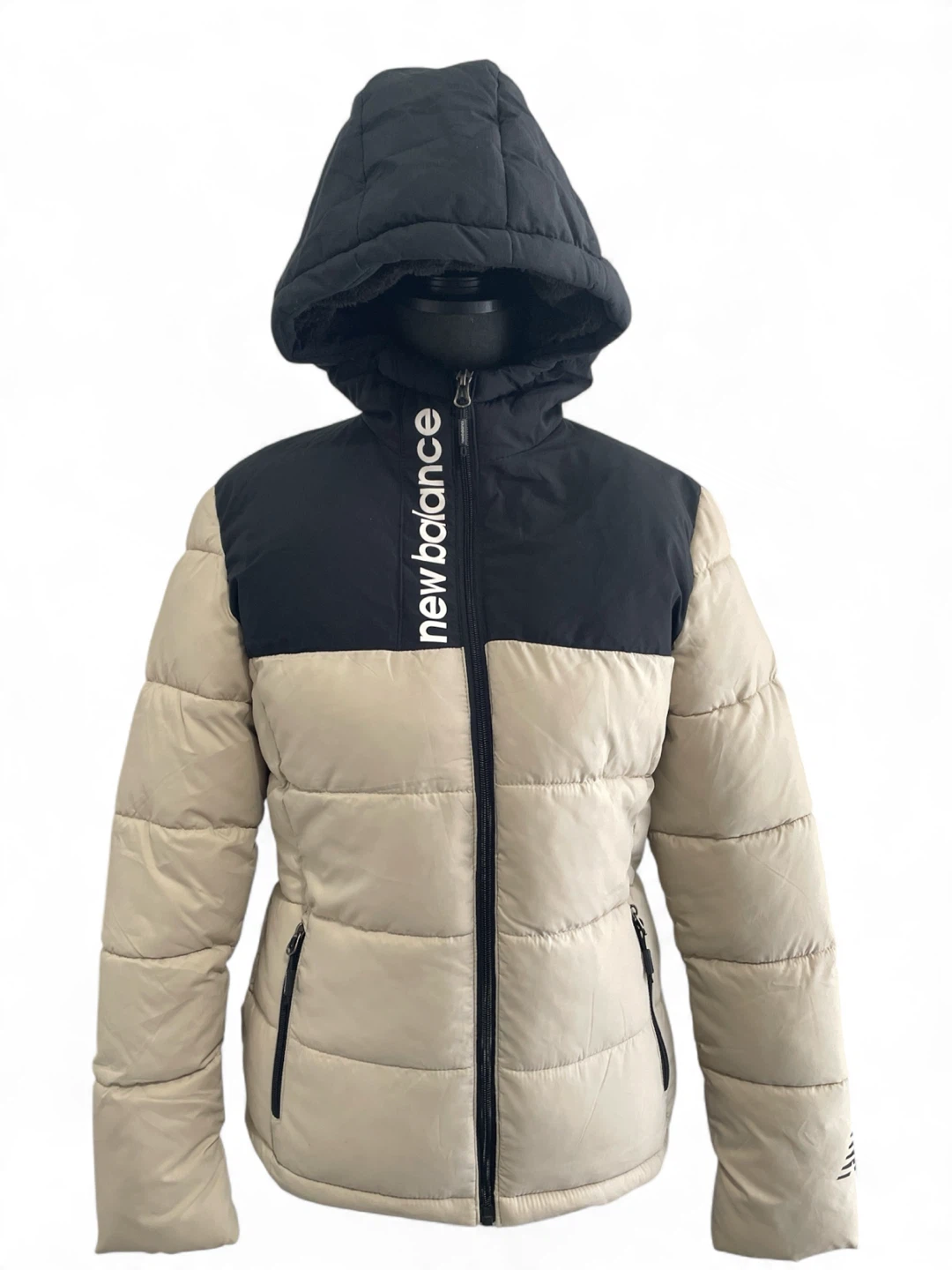 New Balance Hooded Winter Puffer Jacket Sherpa Lined Beige Black