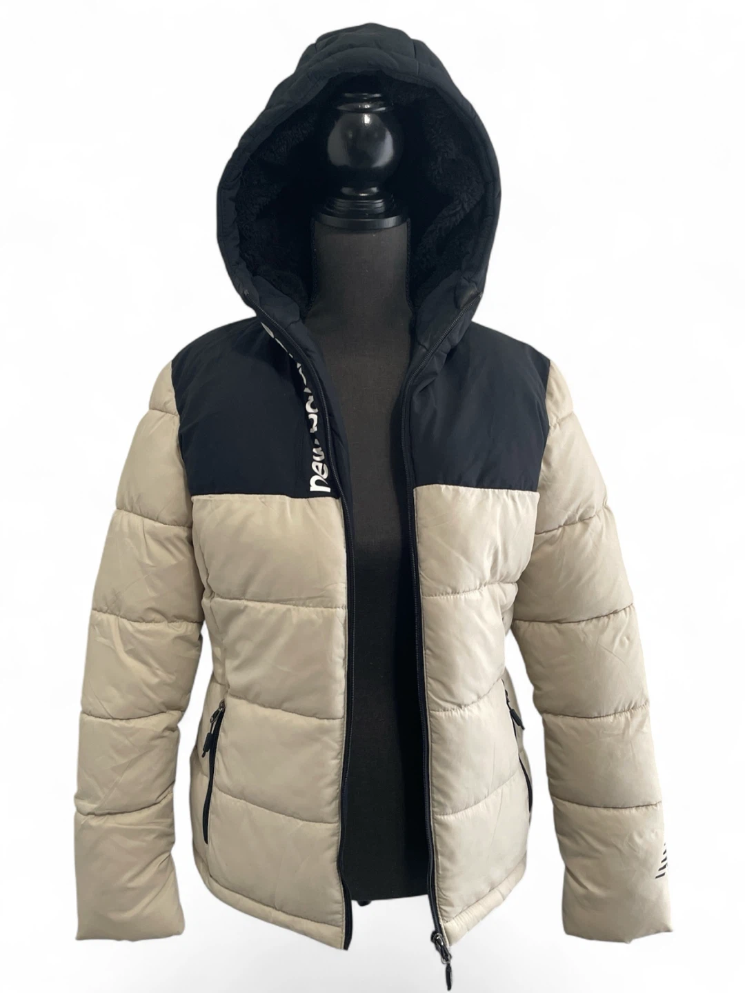 New Balance Hooded Winter Puffer Jacket Sherpa Lined Beige Black - photo 2